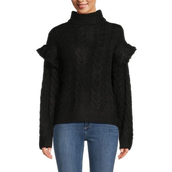 Joe’s Jeans Ruffle Sleeve Cable Knit Turtleneck Sweater in Black Size Large - Picture 1 of 11